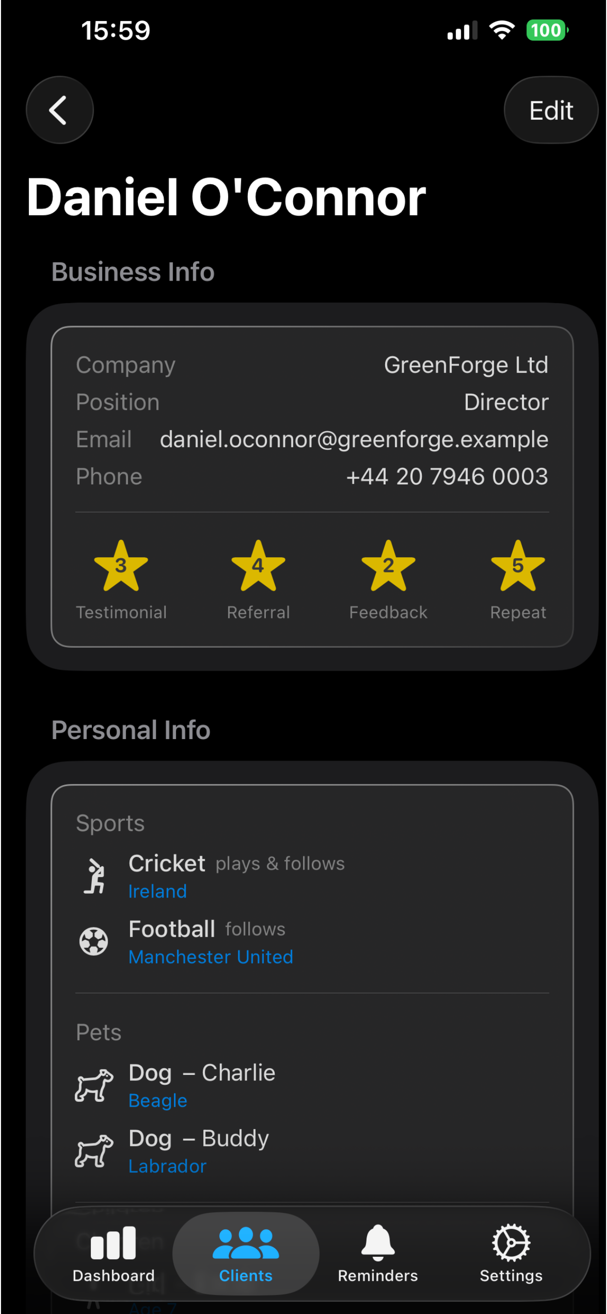 Ten Touches client detail screen showing relationship data, business info, personal interests, and quality scores