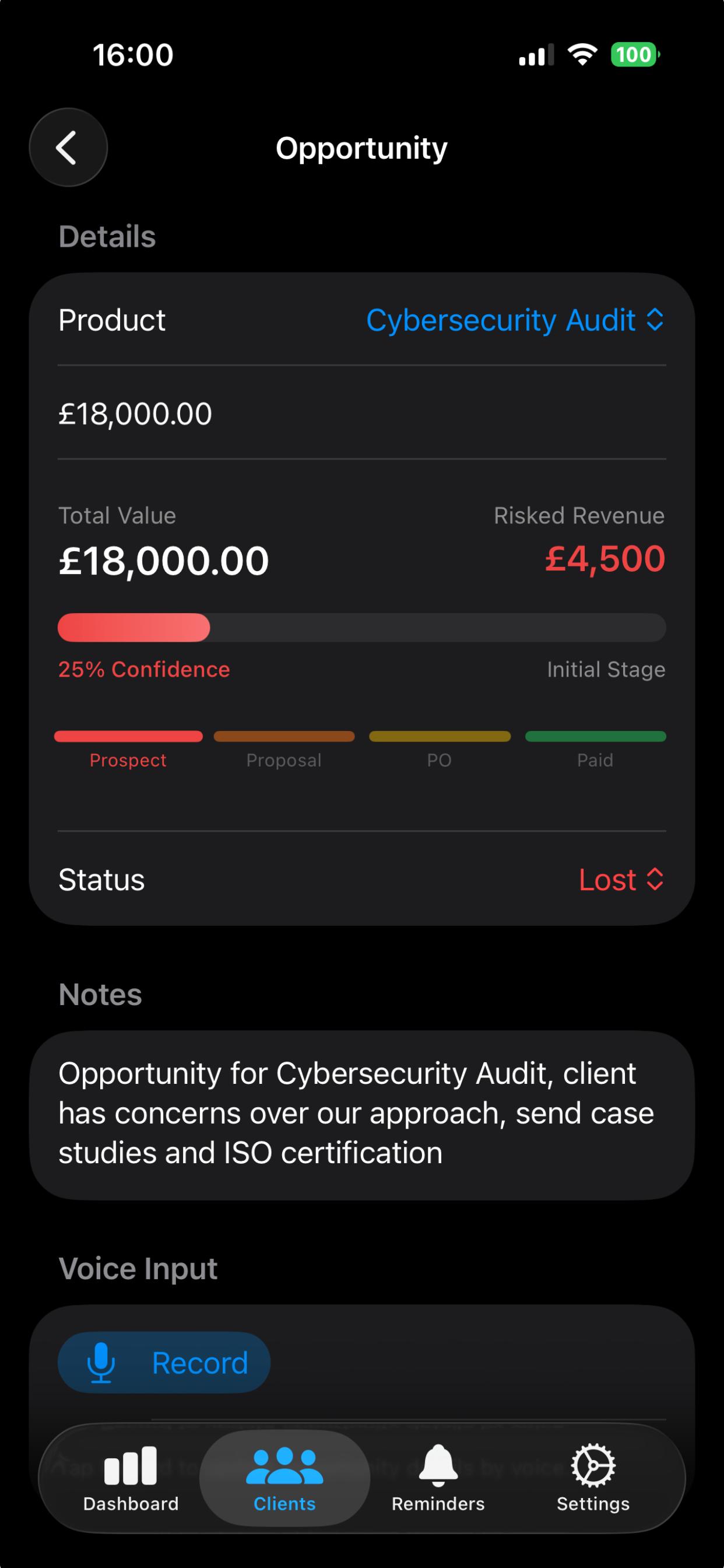 Ten Touches opportunity detail showing risked revenue, confidence bar, four-stage progress, and voice input