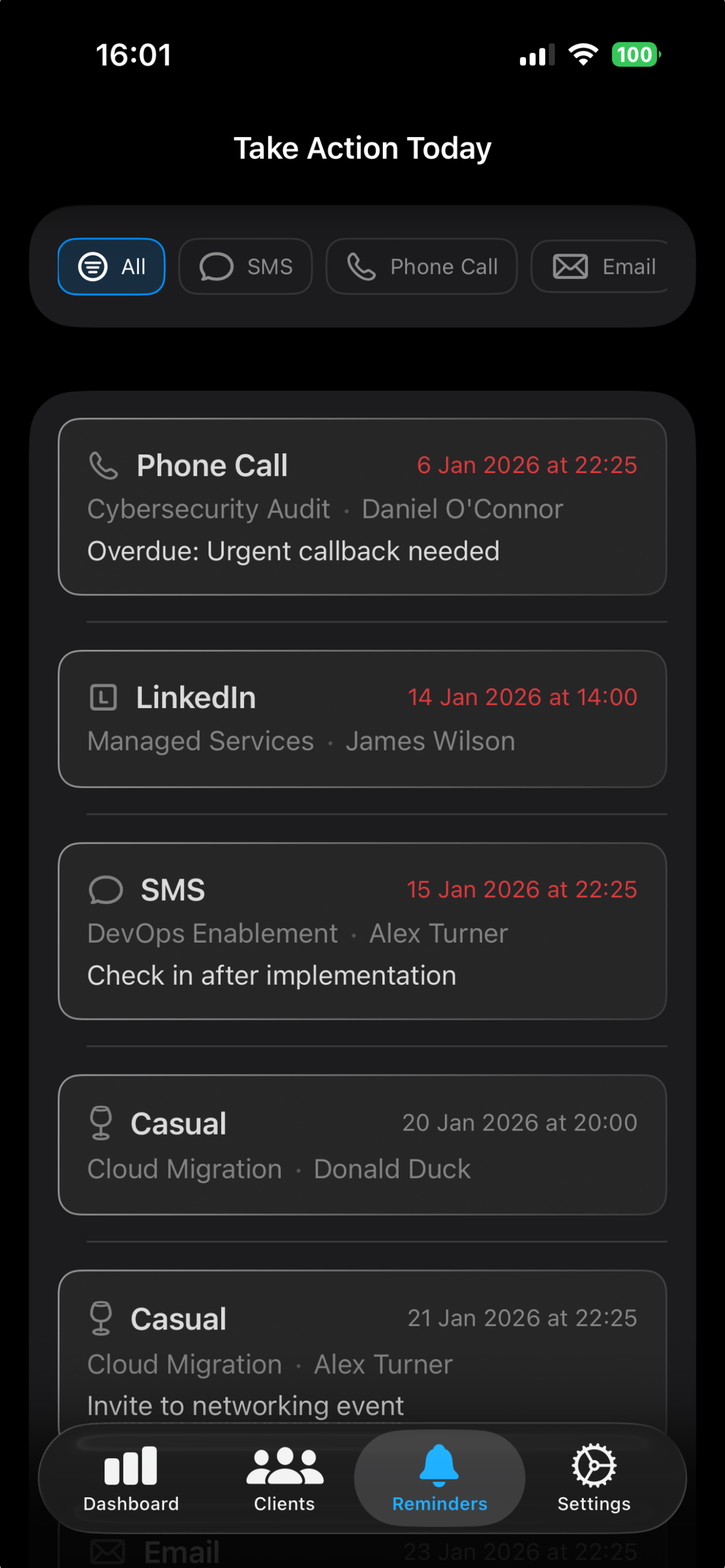 Ten Touches reminders screen showing action-type filters and contextual follow-up cards