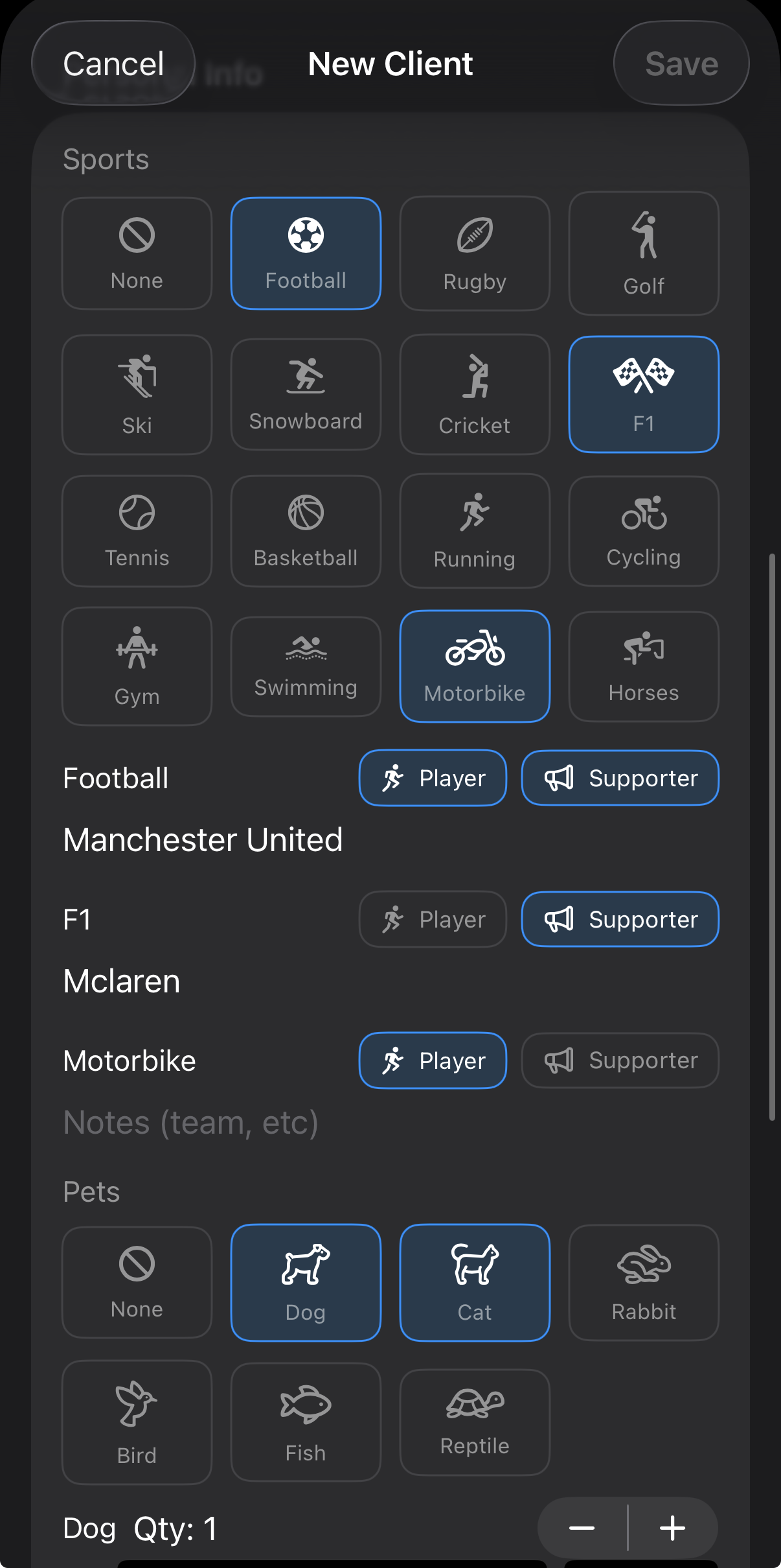 Ten Touches new client screen showing sports, pets, and personal interest selection — Football, F1, Motorbike, Dog, and Cat selected