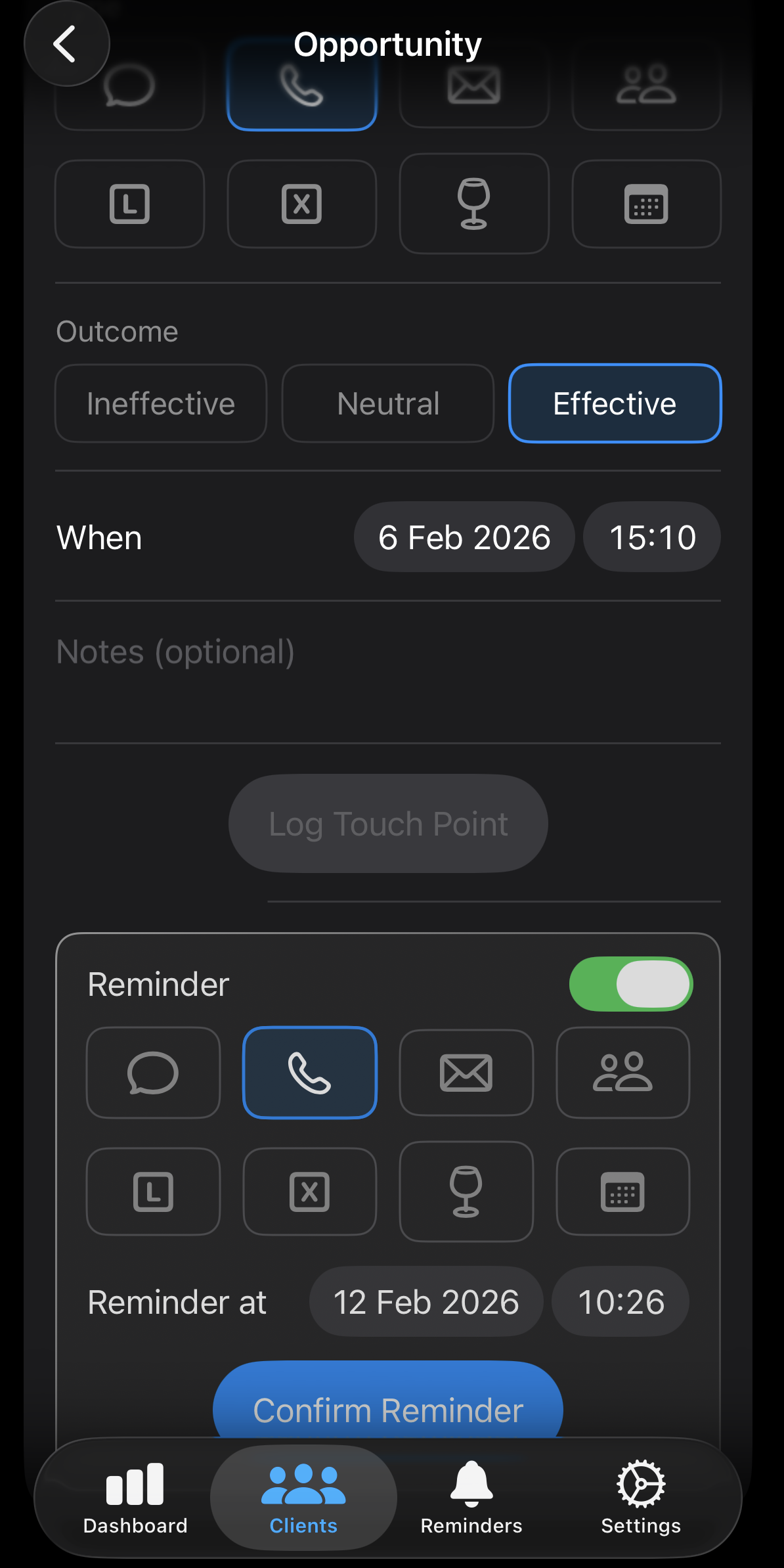 Ten Touches touch registration screen showing call logging, outcome rating, reminder scheduling, and action type selection